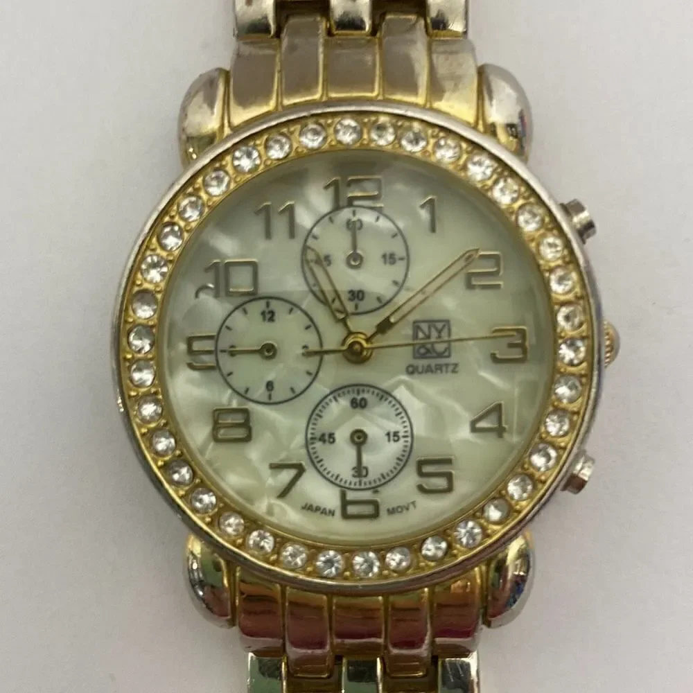 NY & Co Women's Gold Tone Metal Link Bracelet Band Rhinestone Wristwatch‎